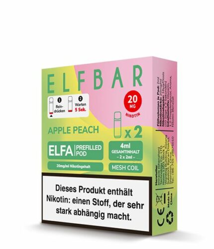 Darstellung der Elfbar Elfa Pods mit 2ml Füllvolumen in der fruchtigen Geschmacksrichtung Apple Peach mit 20mg Nikotin. In der Verpackung befinden sich 2 Pods.