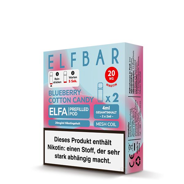 Darstellung der Elfbar Elfa Pods mit 2ml Füllvolumen in der fruchtigen Geschmacksrichtung Blueberry Cotton Candy mit 20mg Nikotin. In der Verpackung befinden sich 2 Pods.