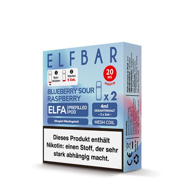 Darstellung der Elfbar Elfa Pods mit 2ml Füllvolumen in der fruchtigen Geschmacksrichtung Blueberry Sour Raspberry mit 20mg Nikotin. In der Verpackung befinden sich 2 Pods.